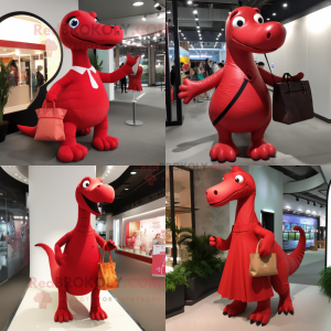 Red Diplodocus mascot costume character dressed with A-Line Dress and Messenger bags