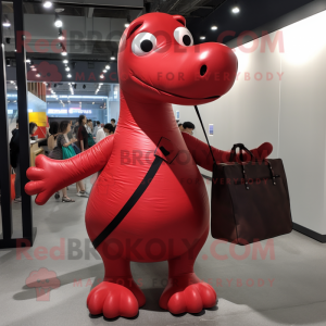 Red Diplodocus mascot costume character dressed with A-Line Dress and Messenger bags