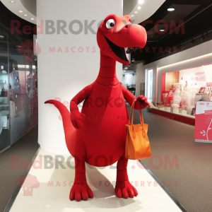 Red Diplodocus mascot costume character dressed with A-Line Dress and Messenger bags