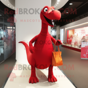 Red Diplodocus mascot costume character dressed with A-Line Dress and Messenger bags