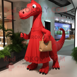 Red Diplodocus mascot costume character dressed with A-Line Dress and Messenger bags