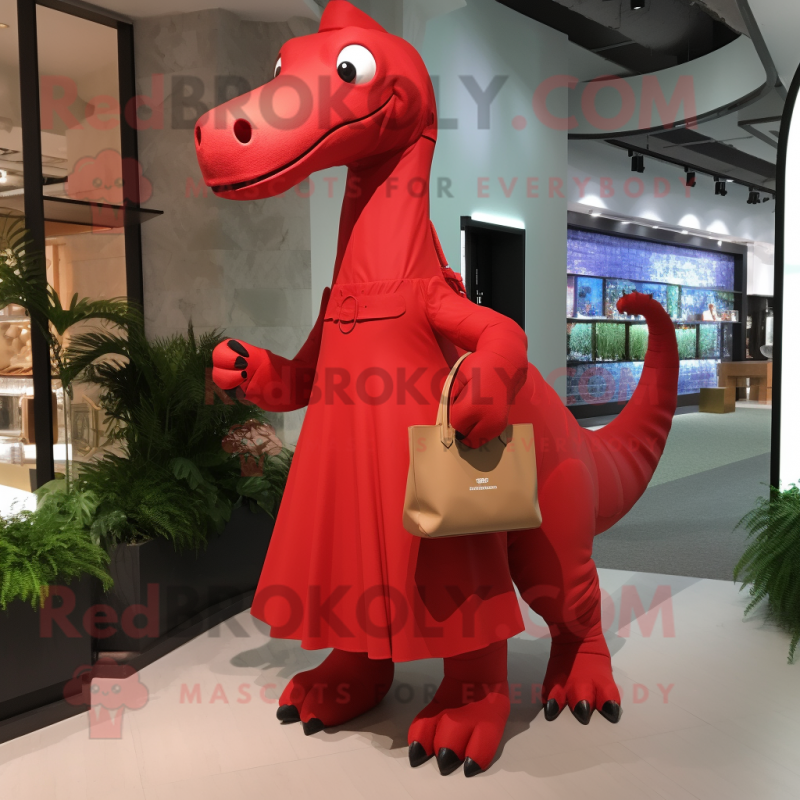 Red Diplodocus mascot costume character dressed with A-Line Dress and Messenger bags Red Diplodocus mascot costume character dressed with A-Line Dress and Messenger bags