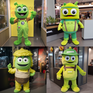 Lime Green Ramen mascot costume character dressed with Dungarees and Belts