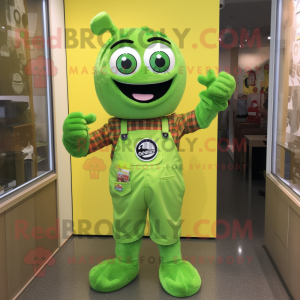 Lime Green Ramen mascot costume character dressed with Dungarees and Belts