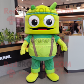 Lime Green Ramen mascot costume character dressed with Dungarees and Belts