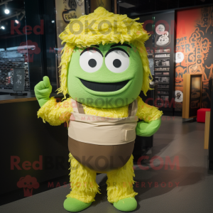 Lime Green Ramen mascot costume character dressed with Dungarees and Belts