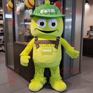 Lime Green Ramen mascot costume character dressed with Dungarees and Belts