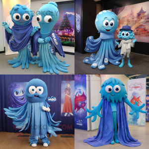 Blue medusa mascot costume character dressed with Boyfriend Jeans and Shawls