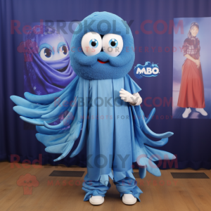 Blue medusa mascot costume character dressed with Boyfriend Jeans and Shawls