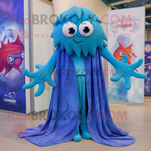Blue medusa mascot costume character dressed with Boyfriend Jeans and Shawls