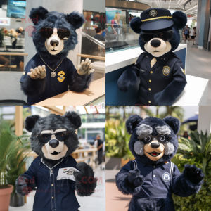 Navy spectacled bear mascot costume character dressed with T-Shirt and Earrings