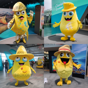 Yellow Ceviche mascot costume character dressed with One-Piece Swimsuit and Hats