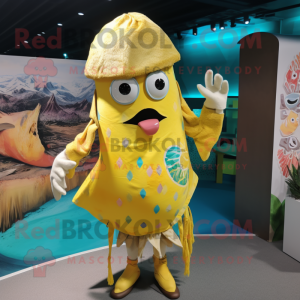 Yellow Ceviche mascot costume character dressed with One-Piece Swimsuit and Hats