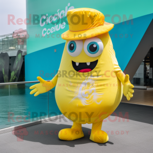 Yellow Ceviche mascot costume character dressed with One-Piece Swimsuit and Hats