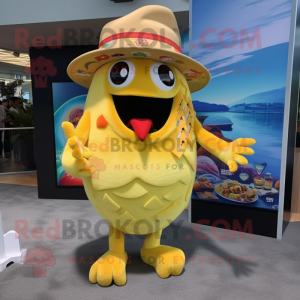 Yellow Ceviche mascot costume character dressed with One-Piece Swimsuit and Hats