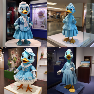 Sky Blue Gosling mascot costume character dressed with A-Line Skirt and Brooches