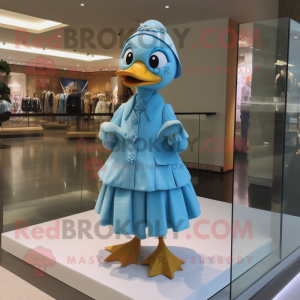 Sky Blue Gosling mascot costume character dressed with A-Line Skirt and Brooches