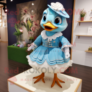 Sky Blue Gosling mascot costume character dressed with A-Line Skirt and Brooches