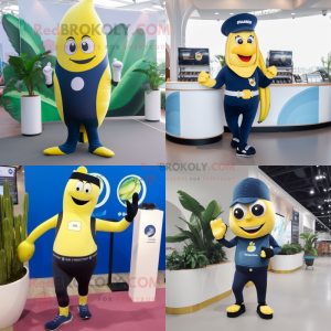 Navy Banana mascot costume character dressed with Yoga Pants and Wallets