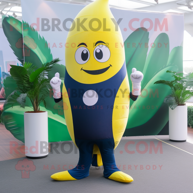 Navy Banana mascot costume character dressed with Yoga Pants and Wallets