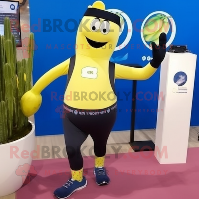 Navy Banana mascot costume character dressed with Yoga Pants and Wallets