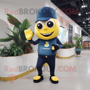 Navy Banana mascot costume character dressed with Yoga Pants and Wallets