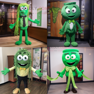 Green Spaghetti mascot costume character dressed with Oxford Shirt and Bow ties