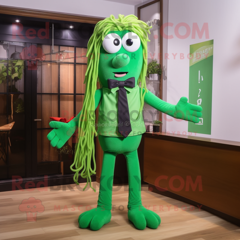 Green Spaghetti mascot costume character dressed with Oxford Shirt and Bow ties