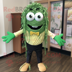 Green Spaghetti mascot costume character dressed with Oxford Shirt and Bow ties