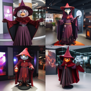 Maroon witch mascot costume character dressed with Leather Jacket and Shawls