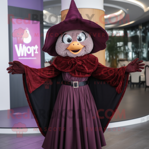 Maroon witch mascot costume character dressed with Leather Jacket and Shawls