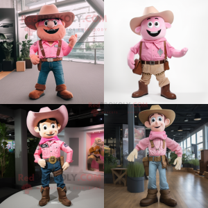 Pink Cowboy mascot costume character dressed with Cargo Shorts and Suspenders