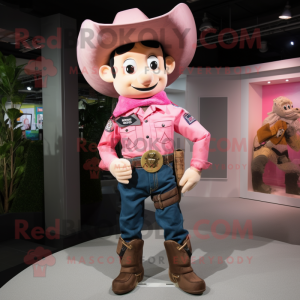 Pink Cowboy mascot costume character dressed with Cargo Shorts and Suspenders