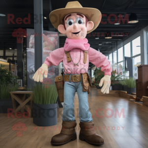 Pink Cowboy mascot costume character dressed with Cargo Shorts and Suspenders