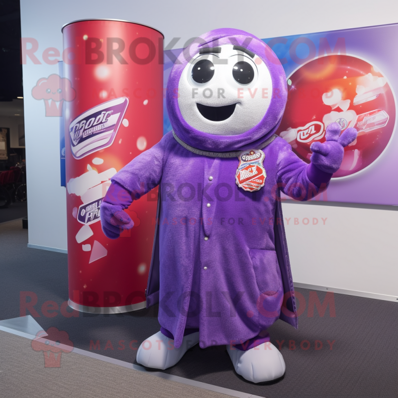 Purple soda can mascot costume character dressed with Suit Jacket and Scarf clips Purple soda can mascot costume character dressed with Suit Jacket and Scarf clips
