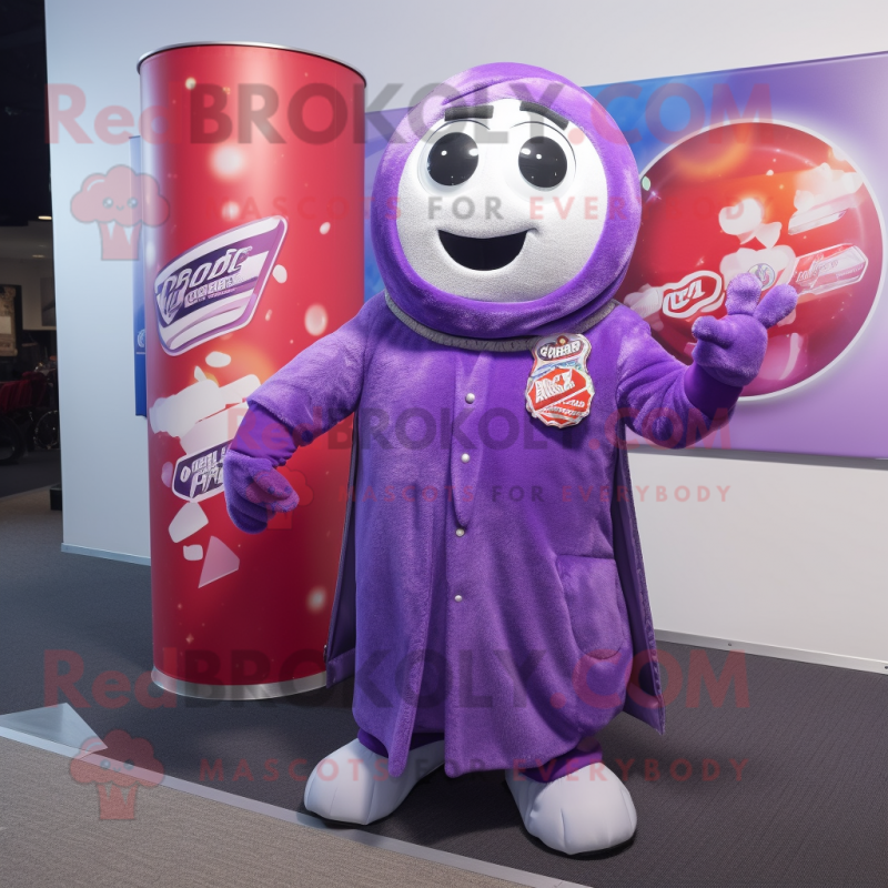 Purple soda can mascot costume character dressed with Suit Jacket and Scarf clips