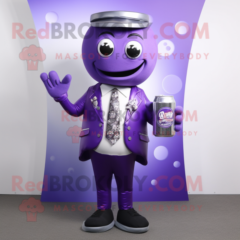 Purple soda can mascot costume character dressed with Suit Jacket and Scarf clips