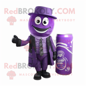 Purple soda can mascot costume character dressed with Suit Jacket and Scarf clips