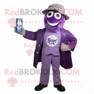 Purple soda can mascot costume character dressed with Suit Jacket and Scarf clips