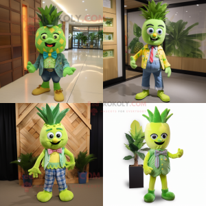 Lime Green Pineapple mascot costume character dressed with Denim Shorts and Bow ties