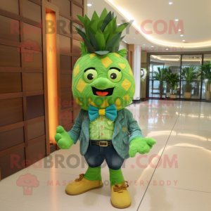 Lime Green Pineapple mascot costume character dressed with Denim Shorts and Bow ties
