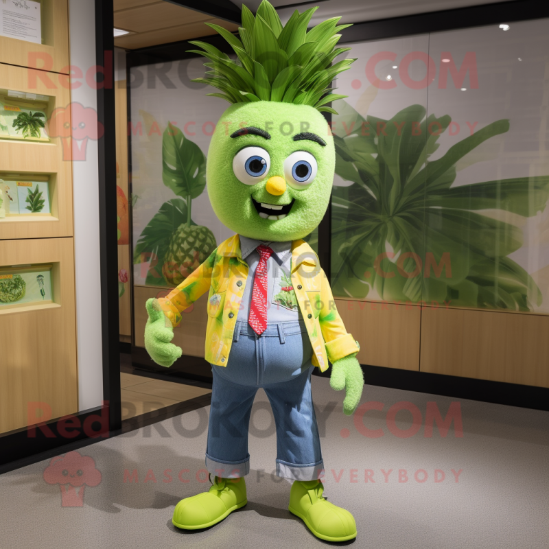 Lime Green Pineapple mascot costume character dressed with Denim Shorts and Bow ties