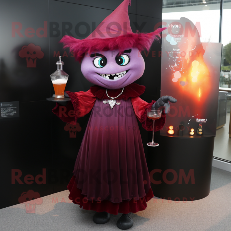 Maroon witch mascot costume character dressed with Cocktail Dress and Bracelets