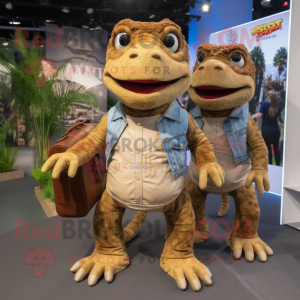 Brown Lizard mascot costume character dressed with Boyfriend Jeans and Clutch bags