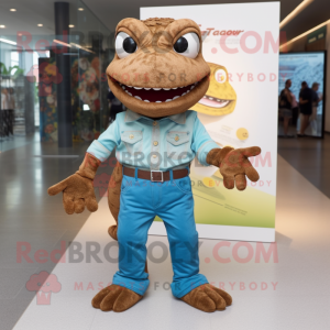 Brown Lizard mascot costume character dressed with Boyfriend Jeans and Clutch bags