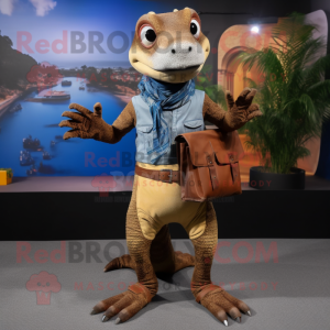 Brown Lizard mascot costume character dressed with Boyfriend Jeans and Clutch bags