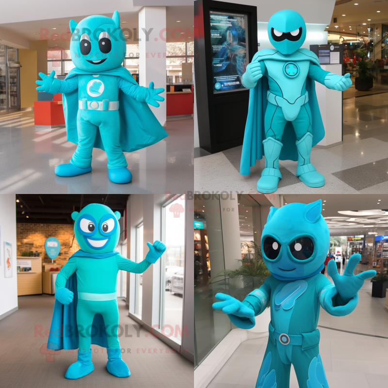 Turquoise Superhero mascot costume character dressed with Dress and Mittens