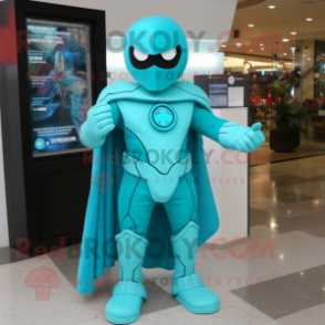 Turquoise Superhero mascot costume character dressed with Dress and Mittens