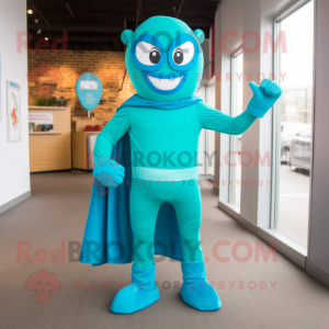 Turquoise Superhero mascot costume character dressed with Dress and Mittens