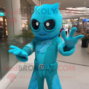 Turquoise Superhero mascot costume character dressed with Dress and Mittens